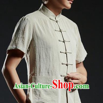 Chinese Kung Fu Costume Martial Arts Plated Buttons Beige Shirts Gongfu Wushu Tang SuitsTai Chi Clothing for Men