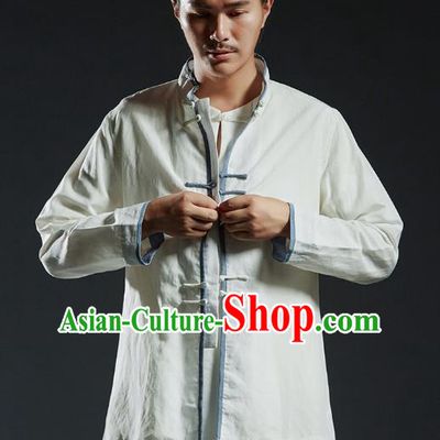 Chinese Kung Fu Costume Plated Buttons White Linen Shirts Martial Arts Gongfu Wushu Tang SuitsTai Chi Clothing for Men