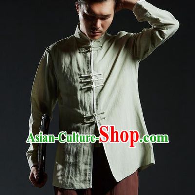 Chinese Kung Fu Costume Plated Buttons Green Linen Shirts Martial Arts Gongfu Wushu Tang SuitsTai Chi Clothing for Men