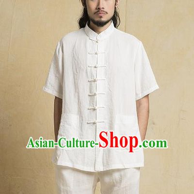 Chinese Kung Fu Costume Plated Buttons White Linen Suits Martial Arts Gongfu Wushu Tang Suits Tai Chi Clothing for Men