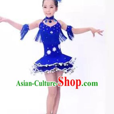 Top Grade Stage Performance Latin Dance Costume, Professional Modern Dance Blue Dress for Kids
