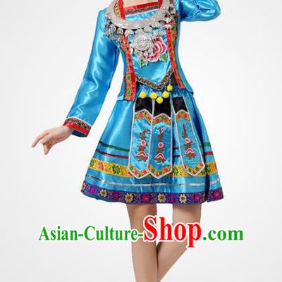 Traditional Chinese Ethnic Costume Chinese Miao Minority Nationality Dance Blue Dress for Women