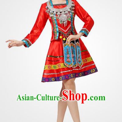 Traditional Chinese Ethnic Costume Chinese Miao Minority Nationality Dance Red Dress for Women