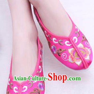 Chinese Traditional Handmade Embroidery Shoes Rosy Embroidered Shoes for Women