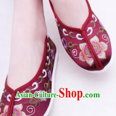 Chinese Traditional Handmade Embroidery Shoes Purplish Red Embroidered Shoes for Women