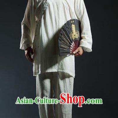 Top Grade White Linen Kung Fu Costume Martial Arts Training Gongfu Wushu Tang Suit Clothing for Men