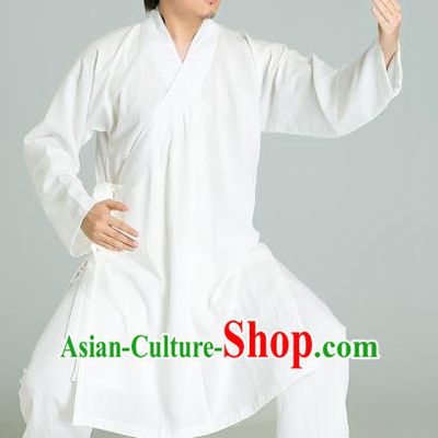 Top Grade Linen Kung Fu Costume White Long Robe Martial Arts Training Gongfu Wushu Tang Suit Clothing for Men