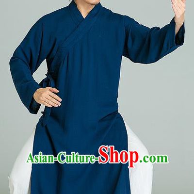 Top Grade Linen Kung Fu Costume Blue Long Robe Martial Arts Training Gongfu Wushu Tang Suit Clothing for Men