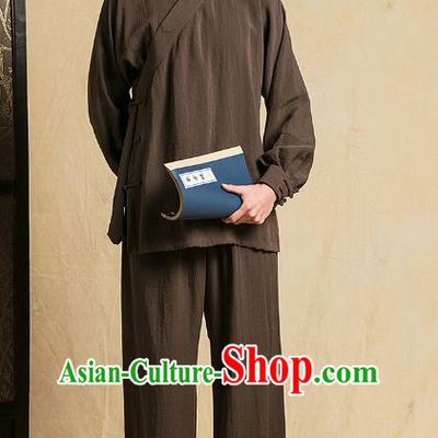 Top Grade Kung Fu Costume Martial Arts Training Brown Linen Suits Gongfu Wushu Tang Suit Clothing for Men