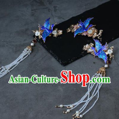 Traditional Chinese Ancient Tassel Blueing Phoenix Hair Stick Classical Hair Accessories Handmade Hairpins for Women