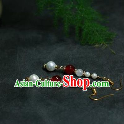 Traditional Chinese Ancient Handmade Hanfu Red Beads Pearls Earrings for Women