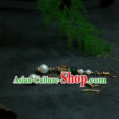 Traditional Chinese Ancient Handmade Hanfu Green Beads Pearls Earrings for Women