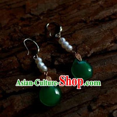Traditional Chinese Ancient Handmade Pearls Earrings Hanfu Jade Eardrop for Women