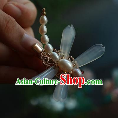 Traditional Chinese Ancient Handmade White Dragonfly Hair Stick Classical Hair Accessories Hairpins for Women
