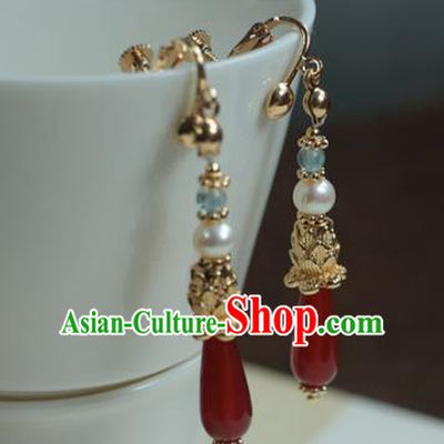 Traditional Chinese Ancient Handmade Agate Earrings Hanfu Eardrop for Women