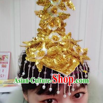 Chinese Traditional Folk Dance Hair Accessories Classical Yangko Dance Golden Sequins Headwear for Women