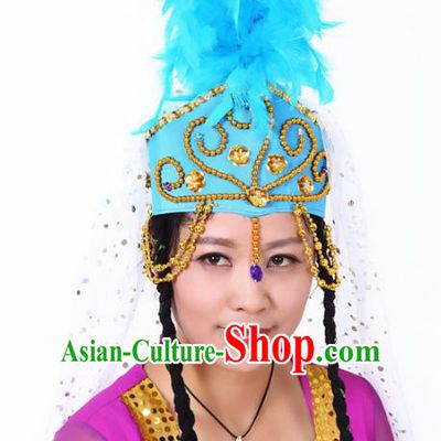 Chinese Traditional Classical Dance Hair Accessories Uyghur Nationality Blue Feather Headwear for Women