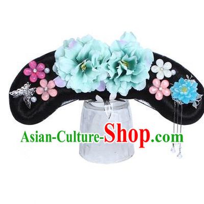 Chinese Ancient Manchu Princess Hair Accessories Wig and Green Peony Hairpins Traditional Qing Dynasty Palace Lady Headwear for Kids