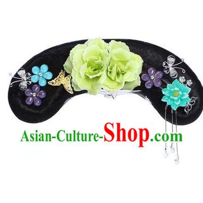 Chinese Ancient Manchu Princess Hair Accessories Wig and Green Peony Hairpins Traditional Qing Dynasty Palace Lady Headwear for Kids