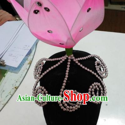 Chinese Traditional Folk Dance Hair Accessories Pink Lotus Headwear for Women
