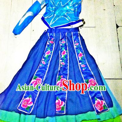Traditional Chinese Miao Nationality Dance Costume, Folk Dance Hmong Minority Blue Dress for Women