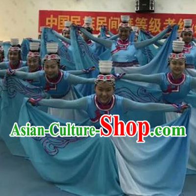 Traditional Chinese Classical Dance Costume, Mongolian Nationality Dance Blue Dress for Women