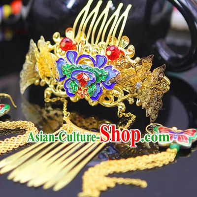 Chinese Ancient Hair Accessories Hanfu Golden Xiuhe Suit Hairpins Blueing Lotus Hair Comb Traditional Palace Headwear for Women