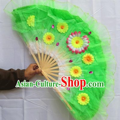 Chinese Traditional Folk Dance Folding Fans Classical Yangko Dance Green Silk Fans for Women