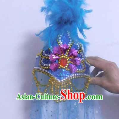 Chinese Traditional Folk Dance Hair Accessories Uyghur Nationality Dance Headwear Blue Feather Hats for Women