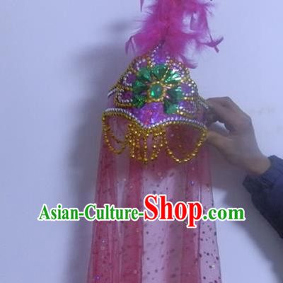 Chinese Traditional Folk Dance Hair Accessories Uyghur Nationality Dance Headwear Pink Feather Hats for Women