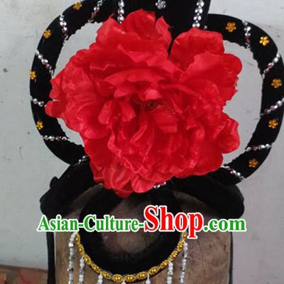 Chinese Traditional Beijing Opera Hair Accessories Classical Dance Red Peony Headwear for Women