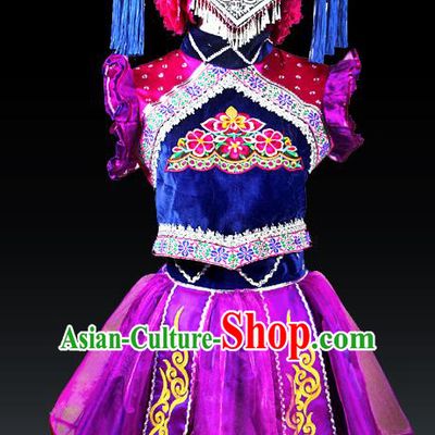 Traditional Chinese Tujia Nationality Dance Costume and Headwear, Hmong Female Ethnic Pleated Skirt Minority Embroidery Clothing for Women