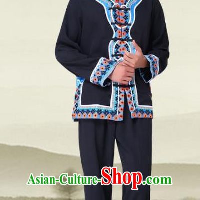 Traditional Chinese Tujia Nationality Dance Black Costume and Headwear Tujia Ethnic Minority Embroidery Clothing for Men