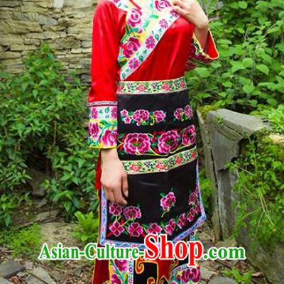 Traditional Chinese Qiang Nationality Dance Costume and Headwear, Female Ethnic Pleated Skirt Minority Embroidery Clothing for Women