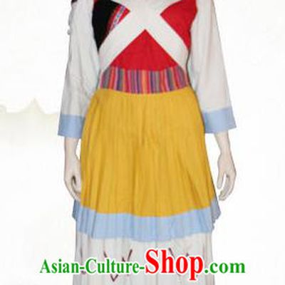 Traditional Chinese Naxi Nationality Dance Costume and Headwear, Nakhi Ethnic Pleated Skirt Minority Embroidery Clothing for Women