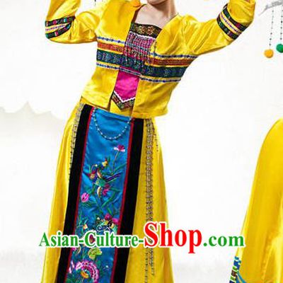 Traditional Chinese Zhuang Nationality Dance Costume, China Zhuangzu Ethnic Minority Clothing and Headdress for Women