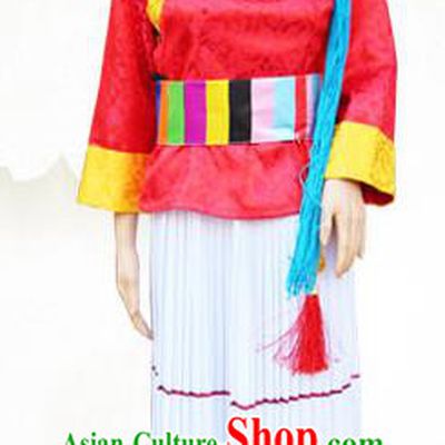 Traditional Chinese Pumi Nationality Dance Costume and Headwear, China Ethnic Minority Embroidery Clothing and Headdress for Women
