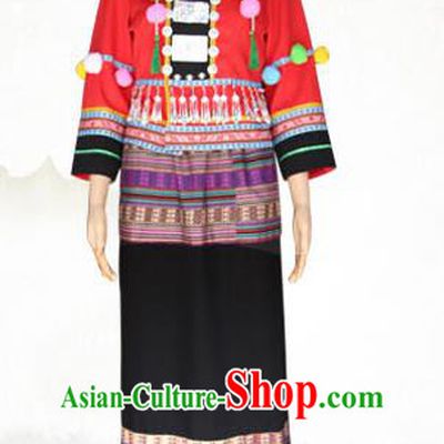 Traditional Chinese Wa Nationality Dance Costume and Headwear, China Ethnic Minority Embroidery Clothing and Headdress for Women