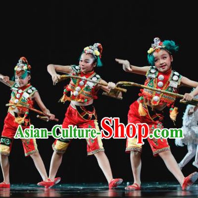 Traditional Chinese Minority Folk Dance Costume, Children Classical Dance Ethnic Dress Clothing for Kids