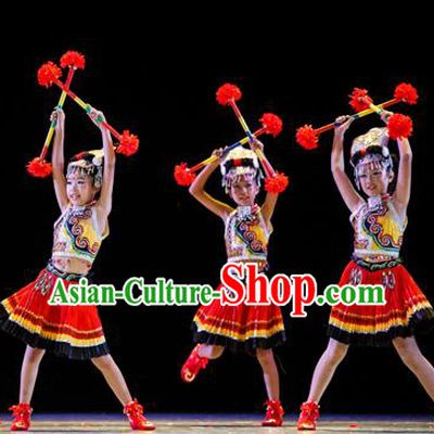 Chinese Traditional Folk Dance Ethnic Costume, Children Yi National Minority Classical Dance Clothing for Kids