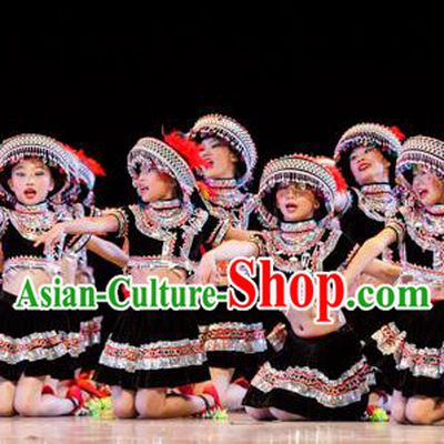 Chinese Traditional Folk Dance Ethnic Costume, Children Tujia National Minority Classical Dance Clothing for Kids