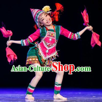 Chinese Traditional Folk Dance Ethnic Costume, Children Jino National Minority Classical Dance Clothing for Kids