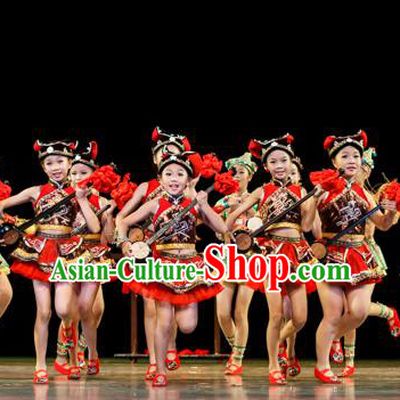 Chinese Traditional Folk Dance Ethnic Costume, Children Yao National Minority Classical Dance Clothing for Kids