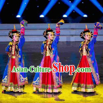 Traditional Chinese Mongolian Nationality Folk Dance Embroidered Costume, China Ethnic Minority Dance Clothing for Women