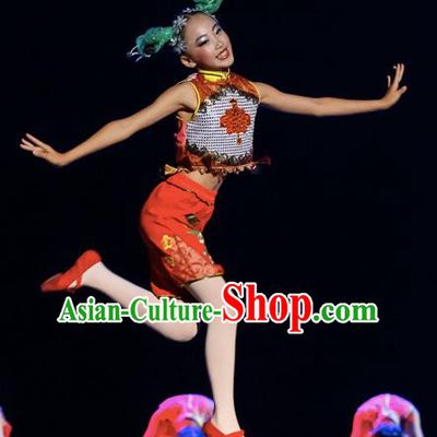 Chinese Traditional Yangge Stage Performance Green Costume, China Folk Dance Yangko Dance Clothing for Children