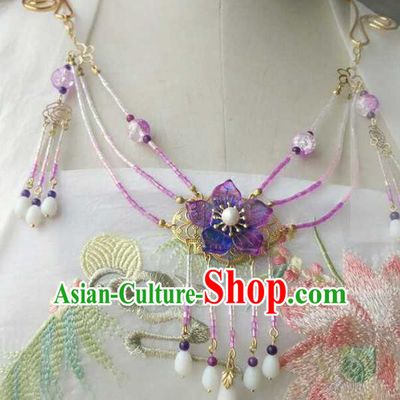 Chinese Traditional Ancient Accessories Classical Purple Flower Tassel Necklace Hanfu Necklet for Women