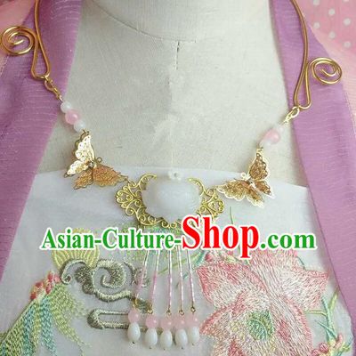 Chinese Traditional Ancient Accessories Classical Jade Lotus Tassel Necklace Hanfu Necklet for Women