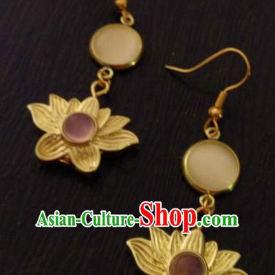 Chinese Traditional Ancient Accessories Classical Hanfu Brass Lotus Earrings for Women