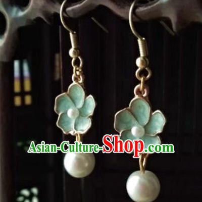 Chinese Traditional Ancient Accessories Earrings Classical Hanfu Green Flowers Eardrop for Women
