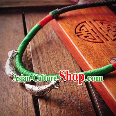 Chinese Traditional Embroidery Accessories Handmade Miao Sliver Fishes Necklace for Women
